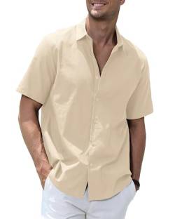 Elainone Herren Hemd Kurzarm Schlicht Freizeithemd Baumwolle Leinen Sommerhemd Einfarbig, Mens Casual Summer Shirts, Beige XL von Elainone