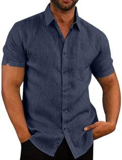 Elainone Herren Hemden Kurzarm Regular Fit Freizeithemd Baumwolle Leinen Sommerhemd mit Tasche, Mens Casual Shirts, Dark Blue 3XL von Elainone
