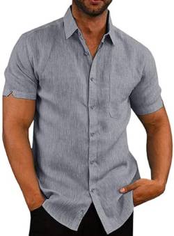 Elainone Herren Hemden Kurzarm Regular Fit Freizeithemd Baumwolle Leinen Sommerhemd mit Tasche, Mens Casual Shirts, Grau XL von Elainone