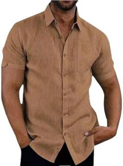 Elainone Herren Hemden Kurzarm Regular Fit Freizeithemd Baumwolle Leinen Sommerhemd mit Tasche, Mens Casual Shirts, Khaki XL von Elainone