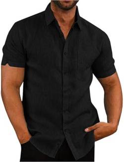 Elainone Herren Hemden Kurzarm Regular Fit Freizeithemd Baumwolle Leinen Sommerhemd mit Tasche, Mens Casual Shirts, Schwarz L von Elainone