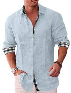 Elainone Herrenhemd Langarm Loose Fit Freizeithemd mit Kariert Herbst Baumwolle Leinen Hemden mit Tasche, Blau XL von Elainone