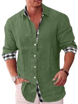 Elainone Herrenhemd Langarm Loose Fit Freizeithemd mit Kariert Herbst Baumwolle Leinen Hemden mit Tasche, Grün M von Elainone