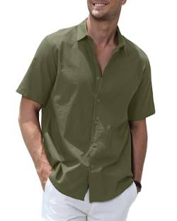 Herren Hemd Kurzarm Schlicht Freizeithemd Baumwolle Leinen Sommerhemd Einfarbig, Mens Casual Summer Shirts, Grün L von Elainone