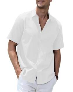 Herren Hemd Kurzarm Schlicht Freizeithemd Baumwolle Leinen Sommerhemd Einfarbig, Mens Casual Summer Shirts, Weiß L von Elainone