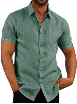 Herren Hemden Kurzarm Regular Fit Freizeithemd Baumwolle Leinen Sommerhemd mit Tasche, Mens Casual Shirts, Grün XL von Elainone