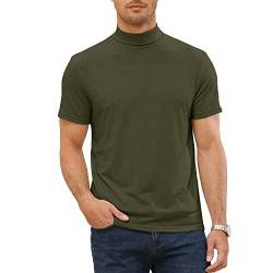 Herren Kurzarm T-Shirts Rollkragen Thermo Unterwäsche Sport Einfarbig Elastische Oberteile Casual Basic Tops, Armee Grün 3XL von Elainone