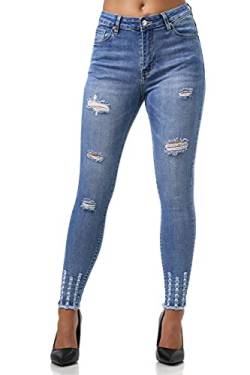 Elara Damen Jeans High Waist Destroyed Chunkyrayan MEL0275-4 LT.Blue-40 (L) von Elara