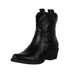 Elara Damen Stiefeletten Cowboy Boots Chunkyrayan 301-A31PU Black-38 von Elara