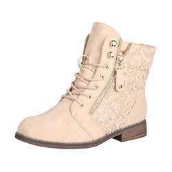 Elara Damen Stiefeletten Worker Boots Spitze Chunkyrayan B9812-KB-Beige-37 von Elara