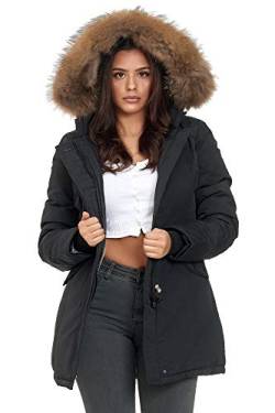 Elara Damen Winterparka Echt Fell Jacke Mantel Schwarz Chunkyrayan XH-227-1 Black 34/XS von Elara