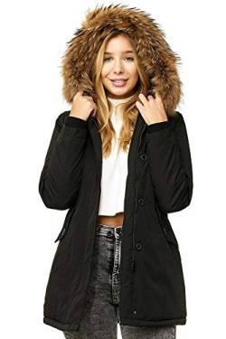 Elara Damen Winterparka | Jacke mit Echt Pelz / Echt Fell Kapuze | Designer Damenjacke | Gefütterte Outdoor Mantel | chunkyrayan, Größe 34, Farbe Schwarz von Elara