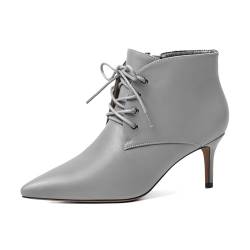 Elashe Damen Stiefeletten mit kitten heels spitzer Zehe und Reißverschluss mit Kätzchenabsatz Schnüren Stiefel 6.5CM Grau EU39 von Elashe