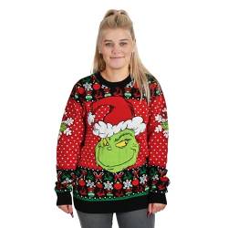 Elbenwald Der Grinch Strickpullover mit Christmas Grinch Motiv für Herren Damen Unisex Baumwolle rot - XL von Elbenwald