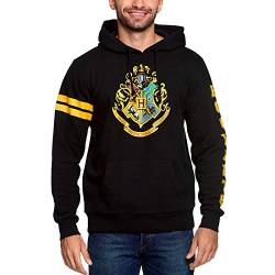 Elbenwald Harry Potter Hoodie Hogwarts Wappen Frontprint und Ärmelprint mit Kapuze und Tasche für Herren Damen Unisex Baumwolle schwarz - M von Elbenwald