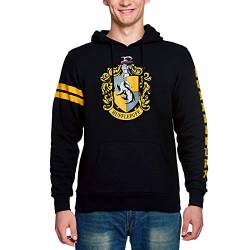 Elbenwald Harry Potter Hoodie Hufflepuff Wappen Frontprint und Ärmelprint mit Kapuze und Tasche für Herren Damen Unisex Baumwolle schwarz - L von Elbenwald