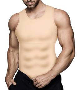 Herren-Kompressionsshirt, zum Abnehmen, figurformendes Unterhemd, Trainings-Shirt, Tank-Top, Beige Oberteile, Medium von Eleady