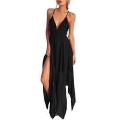 Elecenty Damen Strandkleid Sommerkleid Kleider Tief V-Ausschnitt Irregulär Rock Frauen Ärmellos Mode Kleid Kleidung Backless Partykleid Abendkleider Boho Chiffon Cocktailkleider (L, Schwarz) von Elecenty