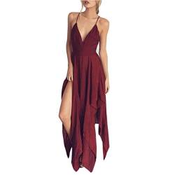 Elecenty Damen Strandkleid Sommerkleid Kleider Tief V-Ausschnitt Irregulär Rock Frauen Ärmellos Mode Kleid Kleidung Backless Partykleid Abendkleider Boho Chiffon Cocktailkleider (M, Rot) von Elecenty