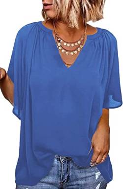 Elegancity Blau Bluse Damen Chiffon Hemd V Ausschnitt Tunika Trompetenärmel Kurzarm mit Rüsche Elegant Einfarbig Sommer Blusen S von Elegancity