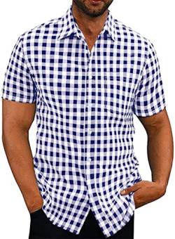 Elegancity Blaues Hemd Herren Kariertes Sommerhemd Kurzarm Freizeithemd Regular Fit für Männer 100% Baumwolle L von Elegancity