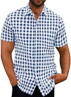 Elegancity Blaues Hemd Herren Kariertes Sommerhemd Kurzarm Freizeithemd Regular Fit für Männer 100% Baumwolle S von Elegancity