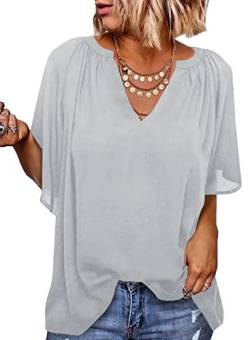 Elegancity Grau Bluse Damen Chiffon Hemd V Ausschnitt Tunika Trompetenärmel Kurzarm mit Rüsche Elegant Einfarbig Sommer Blusen L von Elegancity