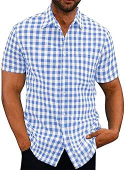 Elegancity Hell Blaues Hemd Herren Kariertes Sommerhemd Kurzarm Freizeithemd Regular Fit für Männer 100% Baumwolle M von Elegancity