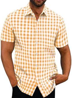 Elegancity Hemd Herren Kariertes Sommerhemd Kurzarm Freizeithemd Regular Fit für Männer 100% Baumwolle Gelb, L von Elegancity