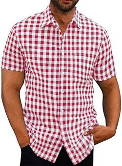 Elegancity Hemd Herren Kariertes Sommerhemd Kurzarm Freizeithemd Regular Fit für Männer 100% Baumwolle Rot, XL von Elegancity