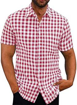 Elegancity Hemd Herren Kariertes Sommerhemd Kurzarm Freizeithemd Regular Fit für Männer 100% Baumwolle Rot, XXXL von Elegancity