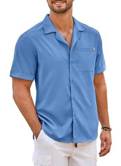 Elegancity Herren Kurzarmhemd Blau Leinenhemd Hawaii Hemd Männer Einfarbig Strand Shirt Sommerhemd für Urlaub Atmungsaktiv Freizeithemd 3XL von Elegancity