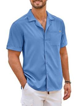 Elegancity Herren Kurzarmhemd Blau Leinenhemd Hawaii Hemd Männer Einfarbig Strand Shirt Sommerhemd für Urlaub Atmungsaktiv Freizeithemd XL von Elegancity