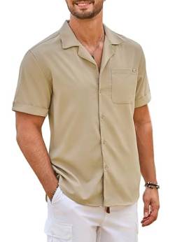 Elegancity Herren Kurzarmhemd Khaki Leinenhemd Hawaii Hemd Männer Einfarbig Strand Shirt Sommerhemd für Urlaub Atmungsaktiv Freizeithemd 3XL von Elegancity
