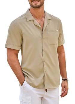 Elegancity Herren Kurzarmhemd Khaki Leinenhemd Hawaii Hemd Männer Einfarbig Strand Shirt Sommerhemd für Urlaub Atmungsaktiv Freizeithemd XL von Elegancity