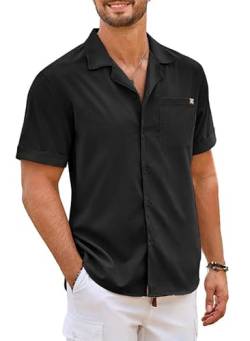 Elegancity Herren Kurzarmhemd Schwarz Leinenhemd Hawaii Hemd Männer Einfarbig Strand Shirt Sommerhemd für Urlaub Atmungsaktiv Freizeithemd L von Elegancity