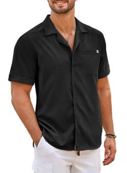 Elegancity Herren Kurzarmhemd Schwarz Leinenhemd Hawaii Hemd Männer Einfarbig Strand Shirt Sommerhemd für Urlaub Atmungsaktiv Freizeithemd S von Elegancity