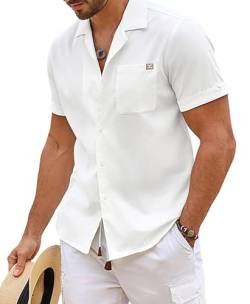 Elegancity Herren Kurzarmhemd Weiß Leinenhemd Hawaii Hemd Männer Einfarbig Strand Shirt Sommerhemd für Urlaub Atmungsaktiv Freizeithemd L von Elegancity