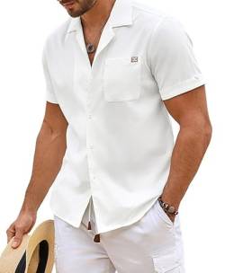 Elegancity Herren Kurzarmhemd Weiß Leinenhemd Hawaii Hemd Männer Einfarbig Strand Shirt Sommerhemd für Urlaub Atmungsaktiv Freizeithemd XL von Elegancity