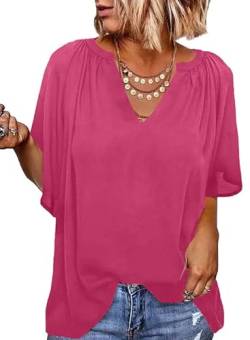 Elegancity Hot Pink Bluse Damen Chiffon Hemd V Ausschnitt Tunika Trompetenärmel Kurzarm mit Rüsche Elegant Einfarbig Sommer Blusen L von Elegancity