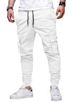 Elegancity Jogginghose Herren Cargohose Weiß Einfarbige Hose Causal Sporthose Elastische Freizeithose Männer mit 6 Tasche XL von Elegancity