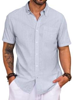 Elegancity Leinenhemd Herren Kurzarm Hemd Button Down Regular Fit Freizeithemden Sommer Strand Leinen Shirt Casual Businesshemd mit Taschen Beau Blau, M von Elegancity