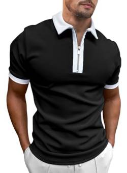 Elegancity Poloshirt Herren T-Shirts für Herren Zipper Sommer Sport Shirts Kurzarm Golf Polo für Männer Kontrastfarbe Slim Fit Tshirt Schwarz M von Elegancity