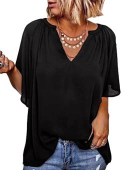 Elegancity Schwarz Bluse Damen Chiffon Hemd V Ausschnitt Tunika Trompetenärmel Kurzarm mit Rüsche Elegant Einfarbig Sommer Blusen XXL von Elegancity