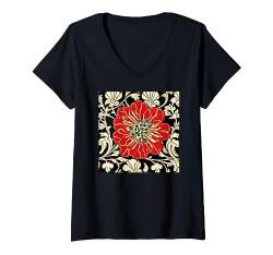 Große rote Jugendstil-Blume T-Shirt mit V-Ausschnitt von Elegant Images