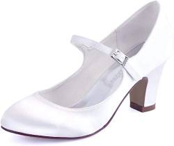 ElegantPark HC1801 Bequeme Damen Blockabsatz Mary Jane Pumps Satin Hochzeit Brautschuhe, Weiß, 39 EU von Elegantpark