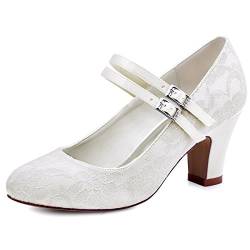 Elegantpark HC1701 Mary Jane Block Absatz Pumps Geschlossene Zehen Lace Satin Brautschuhe Ivory Gr.42 von Elegantpark