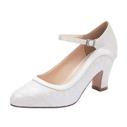 Elegantpark HC1928 Blockasbtz Hochzeit Bequem Hoch Pumps Mary Jane Satin Lace Hochzeitsschuhe Brautschuhe Ivory Gr.37 von Elegantpark