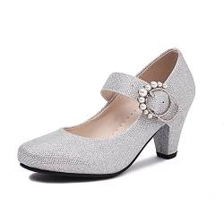 Elerhythm Damen Mary Jane Schleife Geschlossene Zehe Vintage Pumps Heels Gatsby Viktorianische 1920er Jahre Kleider Faux Wildleder Schuhe, silber, 40 EU von Elerhythm