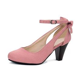 Elerhythm Damen Mary Jane Schleife geschlossene Zehen Vintage Pumps Absätze Gatsby Viktorianische 1920er Jahre Kleider Faux Wildleder Schuhe, rose, 42 EU von Elerhythm